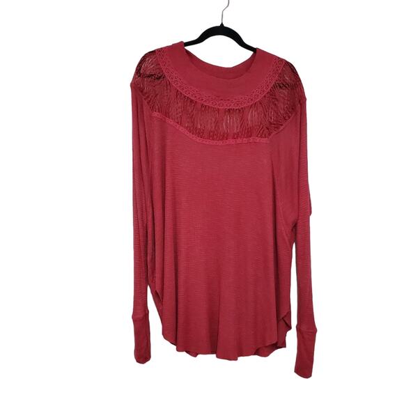 Free People Top Medium Red Thermal Waffle Knit Whimsygoth Vampire Lace Romantic - Picture 1 of 7